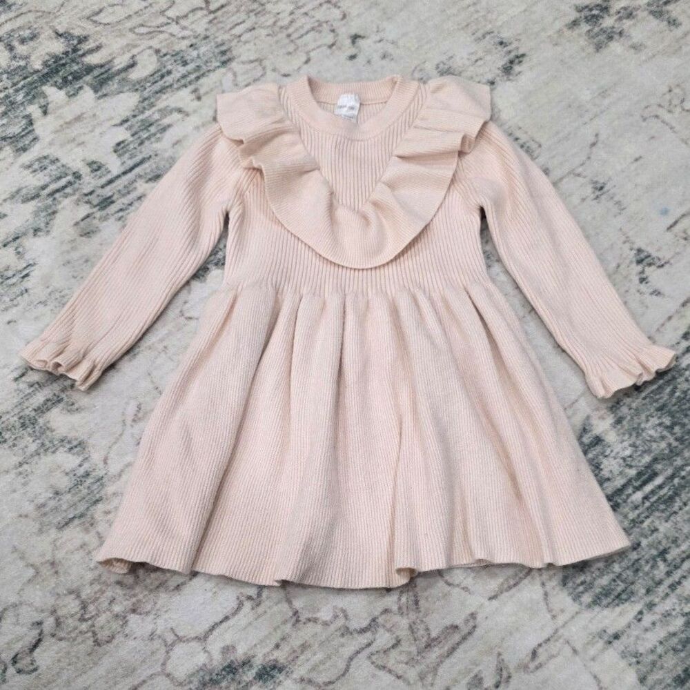 Girls Beige Knit Sweater Dress with Ruffle Accent 4T
